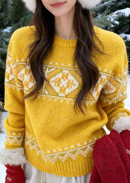 Yellow Cozy Thick Print Cotton Knit Sweaters Fall
