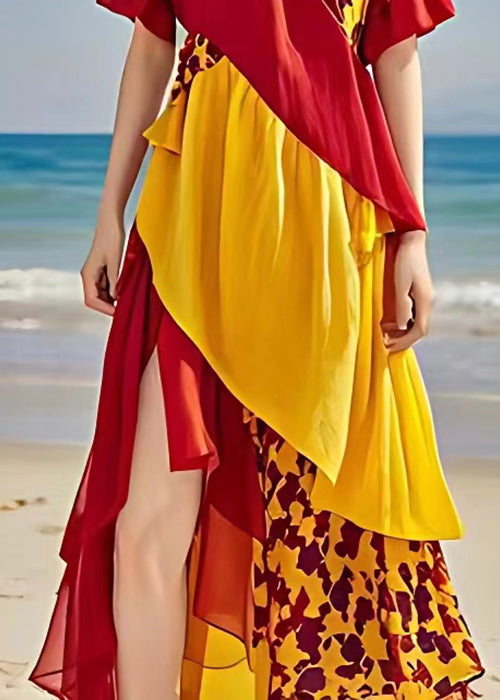 Red V Neck Print Side Open Cotton Dress Summer