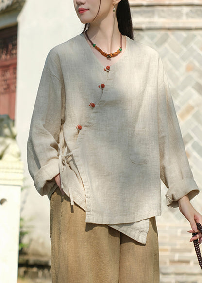 Button Lace Up Asymmetrical Cotton Blouse Tops Fall