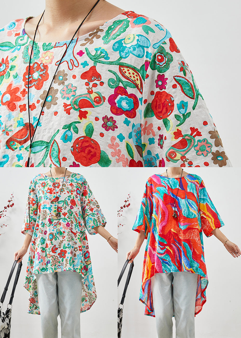 Beige Print Low High Design Cotton Blouses Half Sleeve