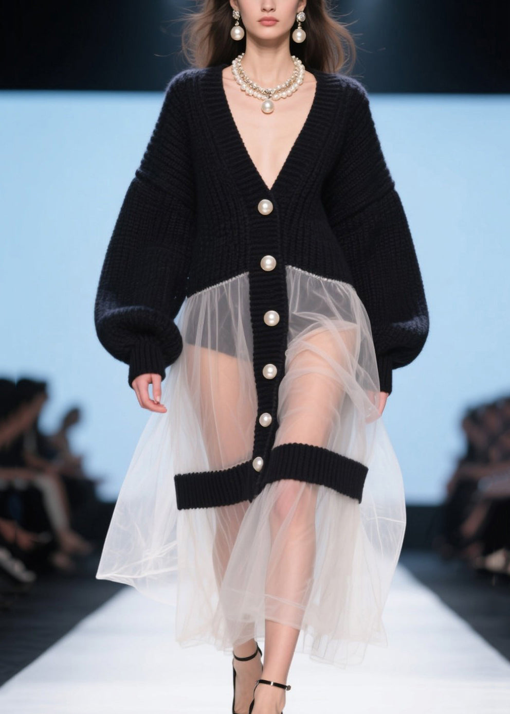 Black V Neck Tulle Patchwork Knit Loose Coat Fall