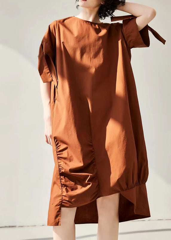 Caramel Asymmetrical Wrinkled Cotton Holiday Dress Short Sleeve