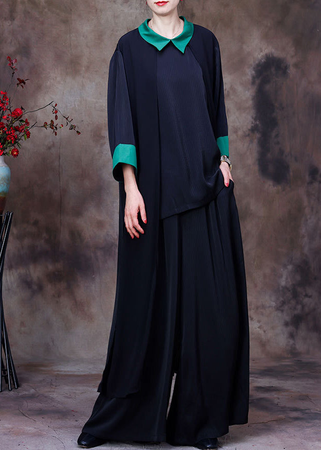 Black Patchwork Green Peter Pan Collar Low High Design Chiffon Long Shirt and Wide Leg Pant Two Pieces Set Summer