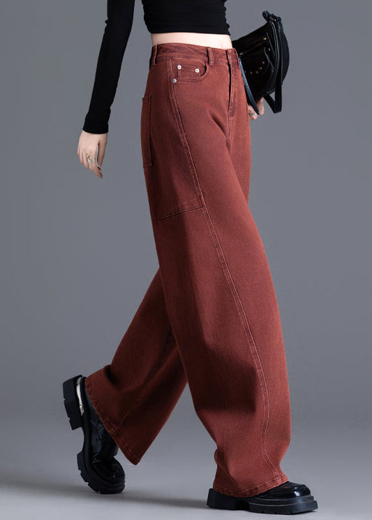 Brick Red Oversized Patchwork Denim Pants Spring
