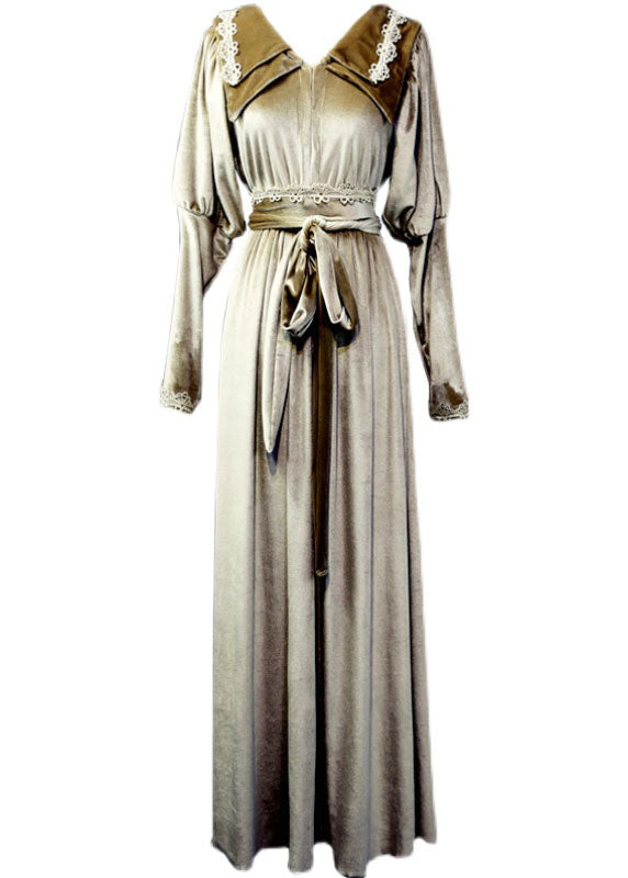 Diy Khaki Double-layer Tie Waist Silk Velour Long Dresses Spring