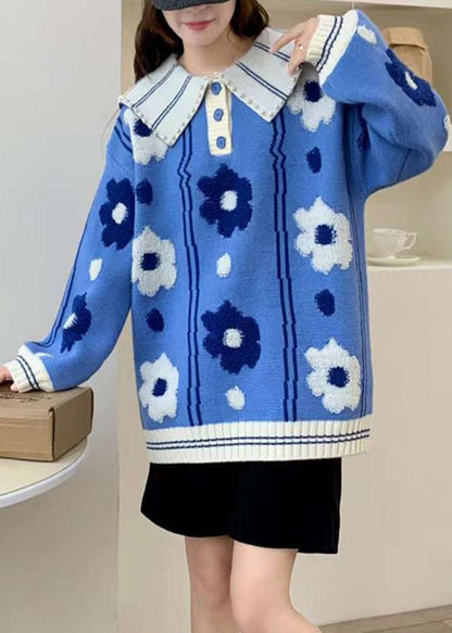 Stylish Blue Button Cozy Cotton Knit Sweaters Fall