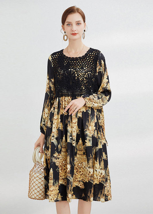 Black Hollow Out Print Dress Spring