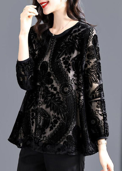 Black O-neck Hollow Out Patchwork Silk Velour Top Fall