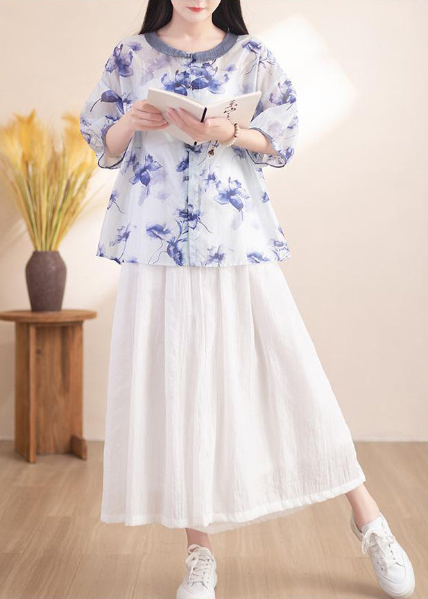 Diy Blue Oversized Print Linen Shirt Top Half Sleeve