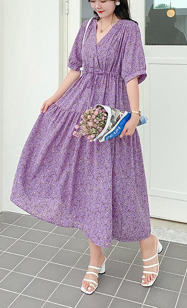 Purple Print Chiffon V Neck Summer Dress