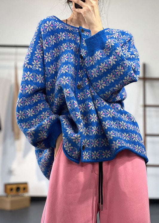 Diy Blue O-neck Oversized Jacquard Lazy Knit Cardigans Winter
