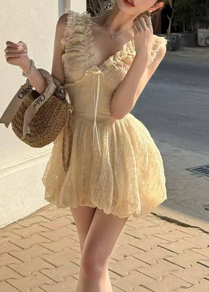 Apricot V Neck Ruffled High Waist Tulle Mini Dress Sleeveless