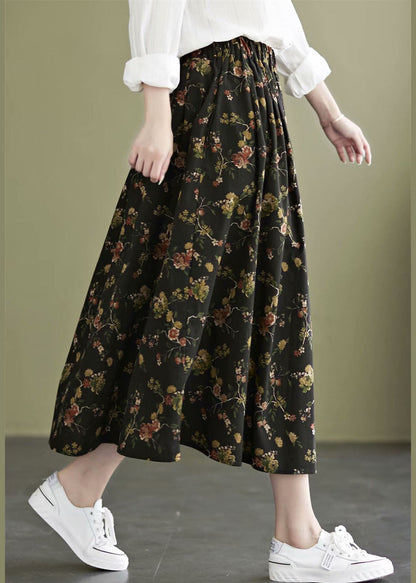 Black Print Cotton a Line Skirt Exra Large Hem Pockets Fall