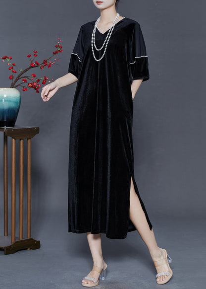 Black Oversized Side Open Silk Velour Party Dress Summer