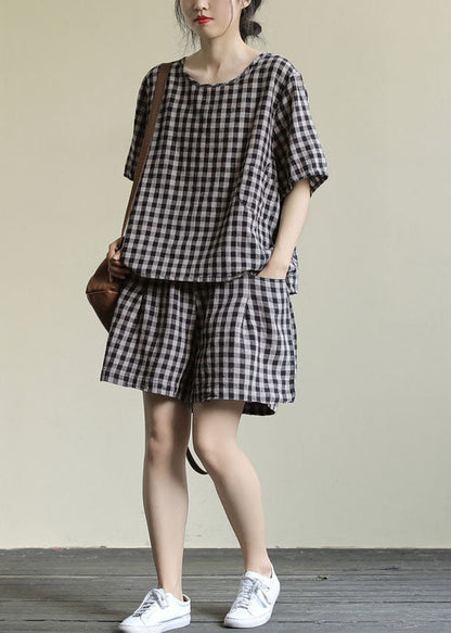 Black Plaid Tops and Shorts Patchwork Cotton Two Piece Set O Neck Summer