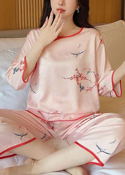 Pink O Neck Print Ice Silk Pajamas Two Pieces Set Half Sleeve