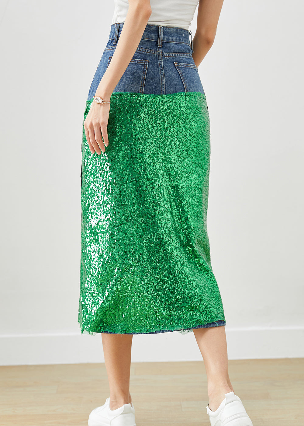 Diy Peacock Embroideried Patchwork Sequins Denim Skirt Fall