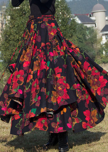 Red Asymmetrical Print Tie Waist Pleated Skirts