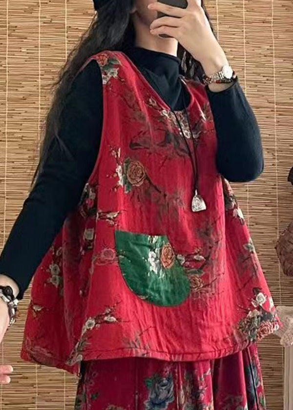 Red O-neck Print Fine Cotton Filled Vest Sleeveless