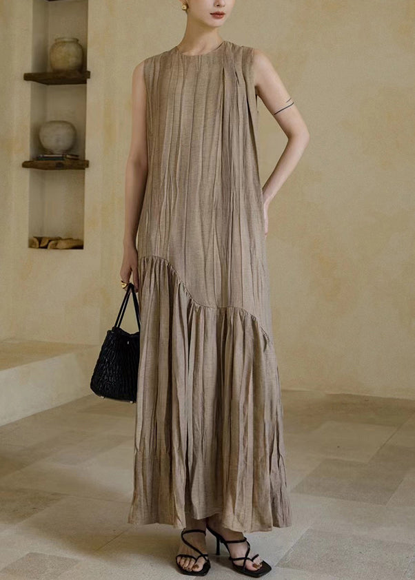 New Khaki Wrinkled Patchwork Cotton Long Dresses Sleeveless