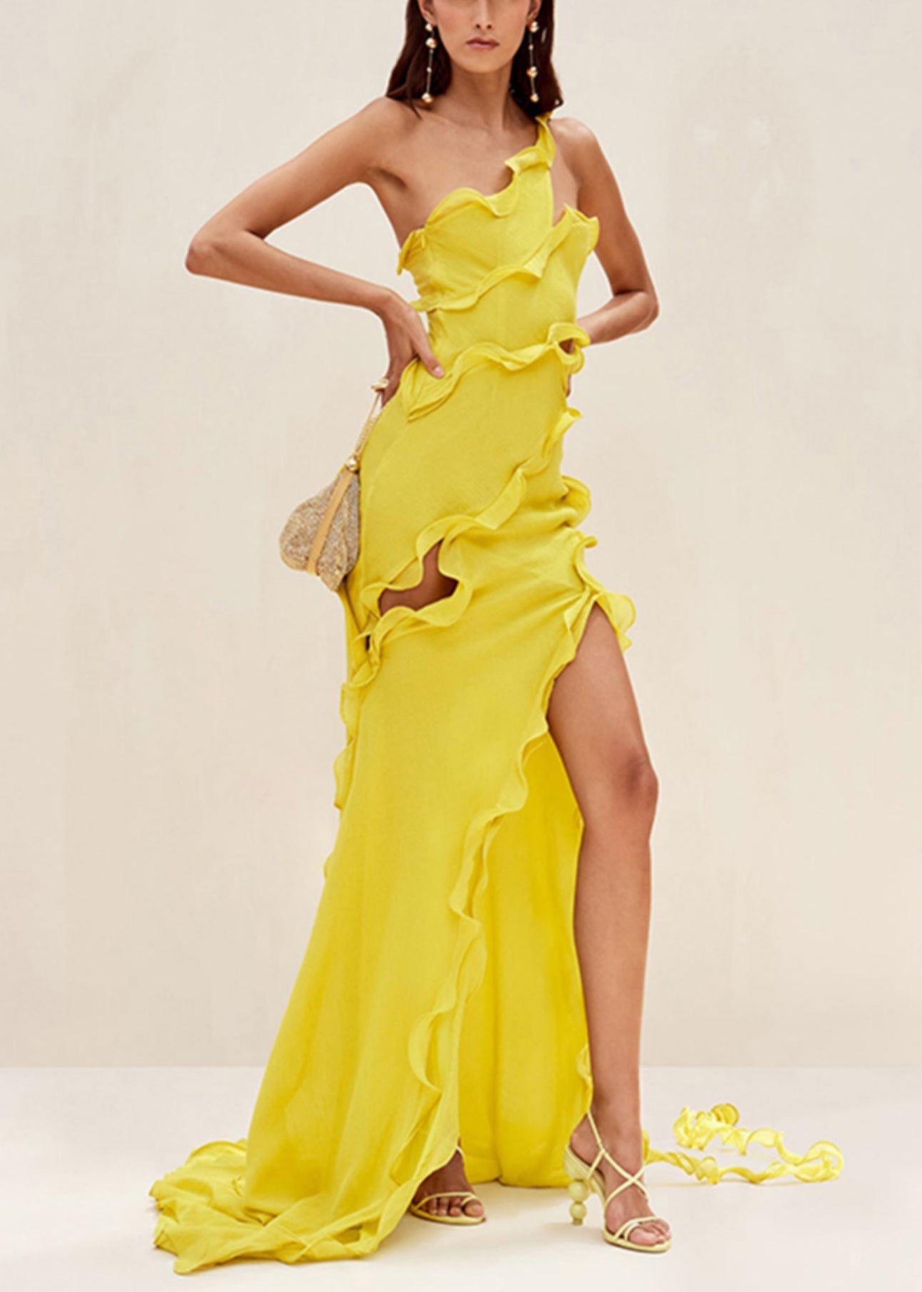 Slim Fit Yellow Asymmetrical Ruffled Hollow Out Chiffon Long Dresses Sleeveless