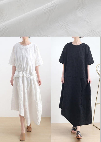 French Black O-neck Cinched Long Summer Linen Dress