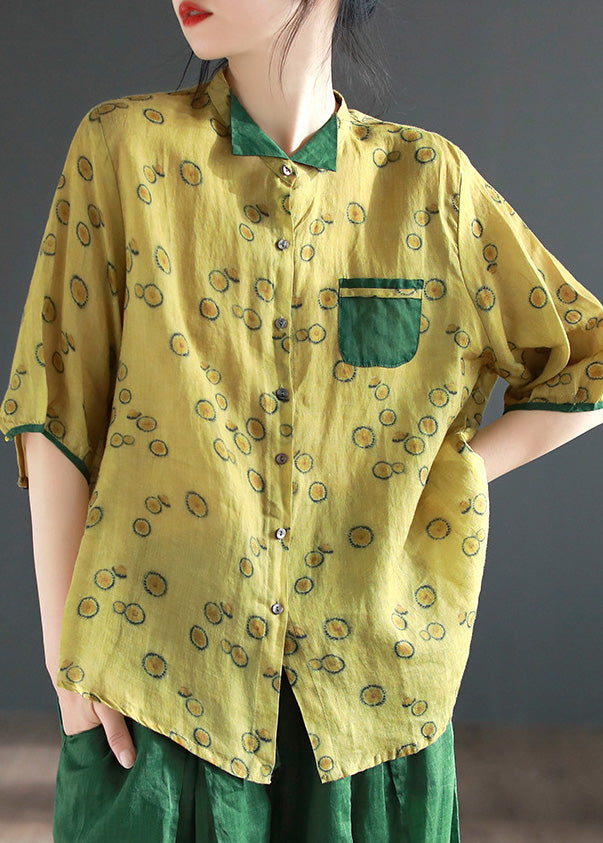 Yellow Stand Collar Print Button Ramie Shirts Half Sleeve
