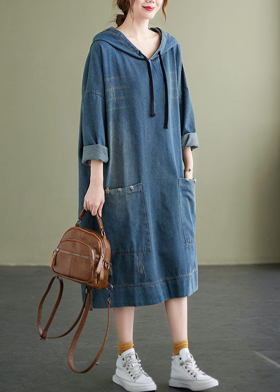 Blue Hooded Drawstring Denim Dress Spring