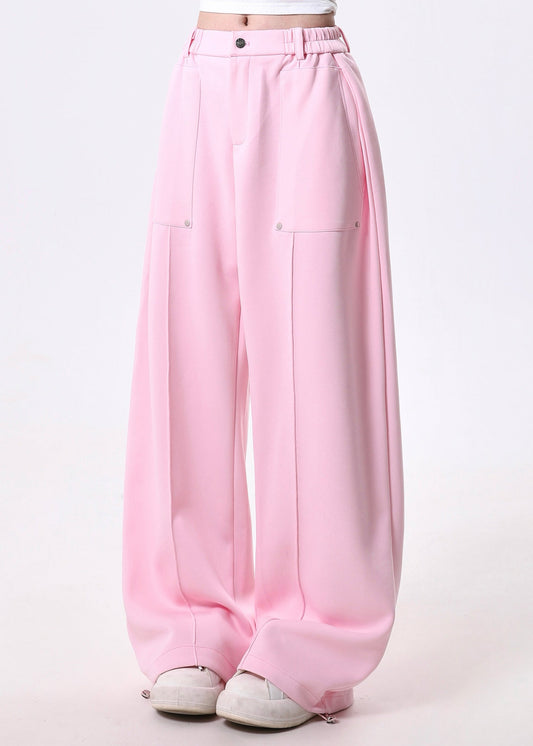 Pink Elastic Waist Cotton Straight Pants Spring