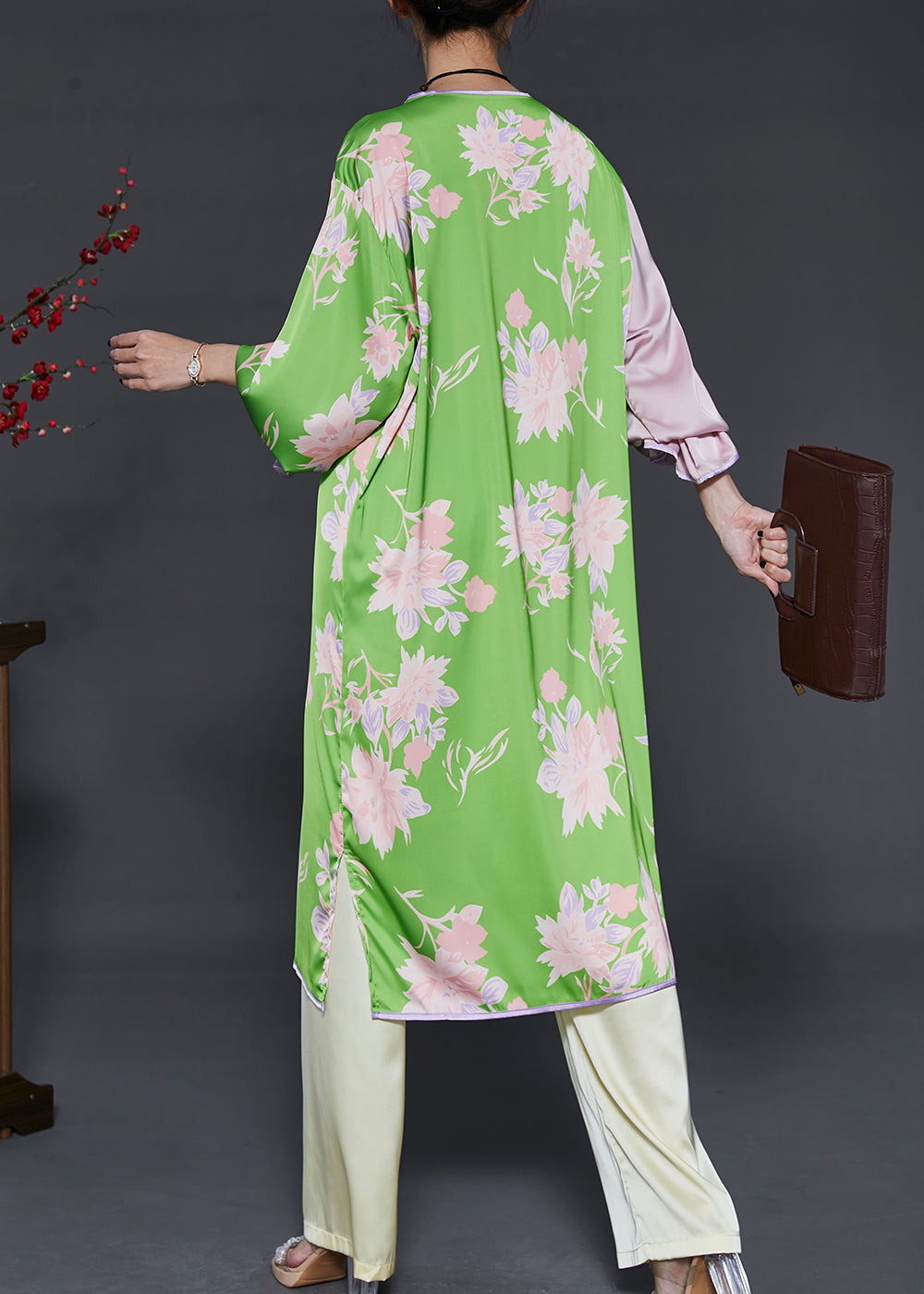Green Print Patchwork Silk Two Pieces Set Summer