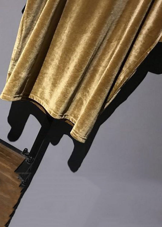 Yellow O Neck Patchwork Velour Mid Dress Half Sleeve