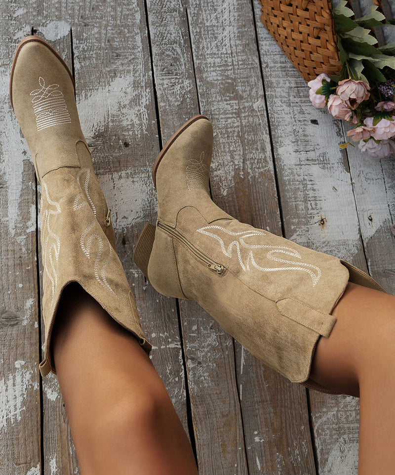Beige Embossed Zippered Suede Pointed Toe Boots