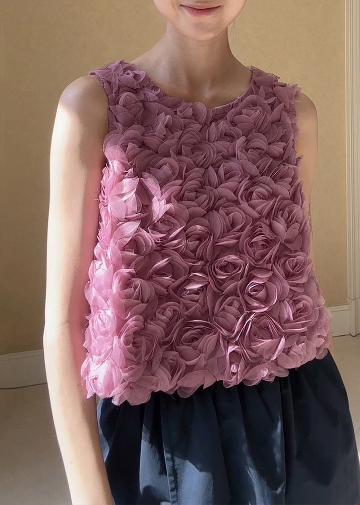 Pink O-neck Tulle Tank Sleeveless