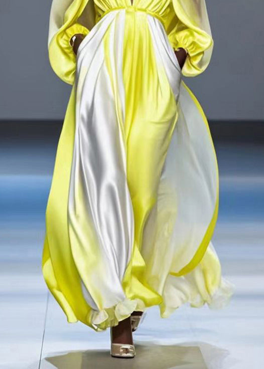 Gradient Yellow V Neck Draping Silk Long Dress Lantern Sleeve
