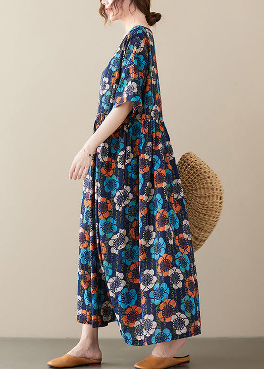 Multi O Neck Print Cotton Long Dress Short Sleeve