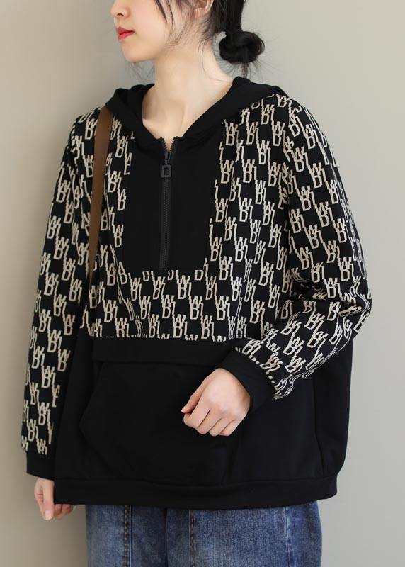 Black Print Tunics for Hooded Pockets Spring Tops