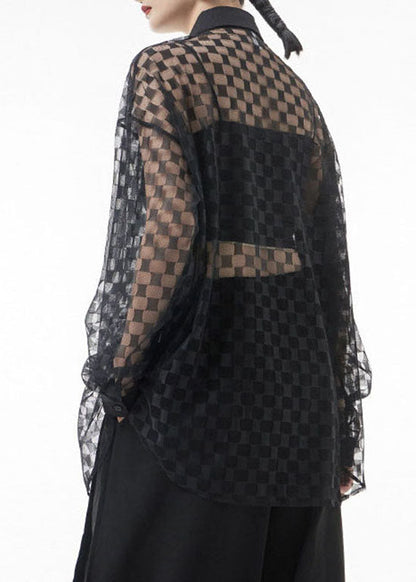 Loose Black Hollow Out Peter Pan Collar Plaid Patchwork Lace Shirts Spring