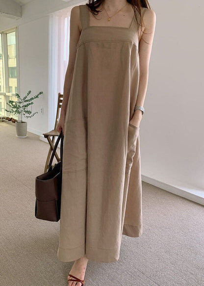 Khaki Pockets Linen Dresses Sleeveless