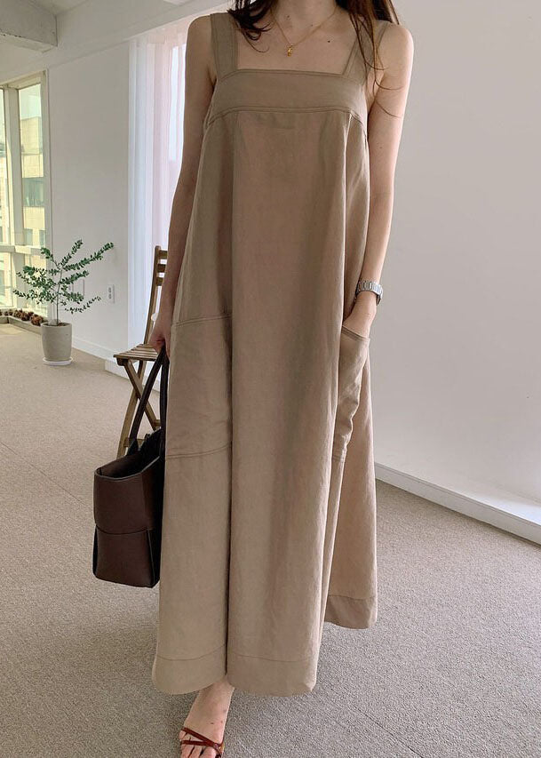 Khaki Pockets Linen Dresses Sleeveless