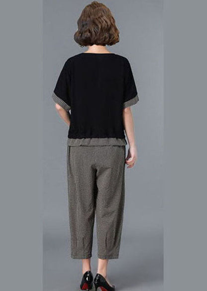 Black Plaid Patchwork Linen Tanks and Harem Pants Two Piece Set Clothing Drawstring Short Sleeve