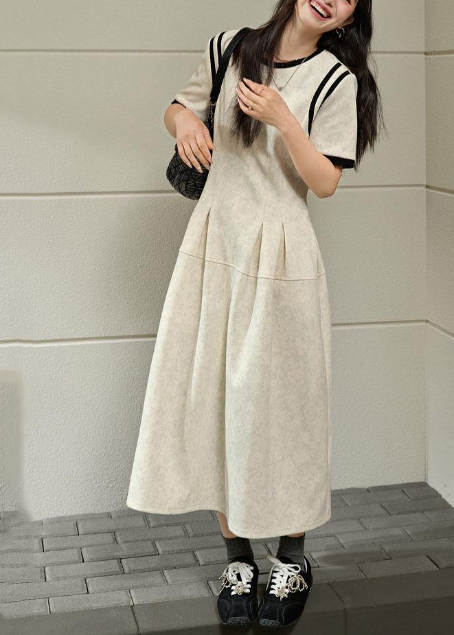 Brief Light Grey O-neck Wrinkled Patchwork Maxi Dresses Summer