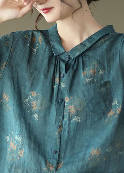 Navy Peter Pan Collar Wrinkled Linen Shirt Top Short Sleeve