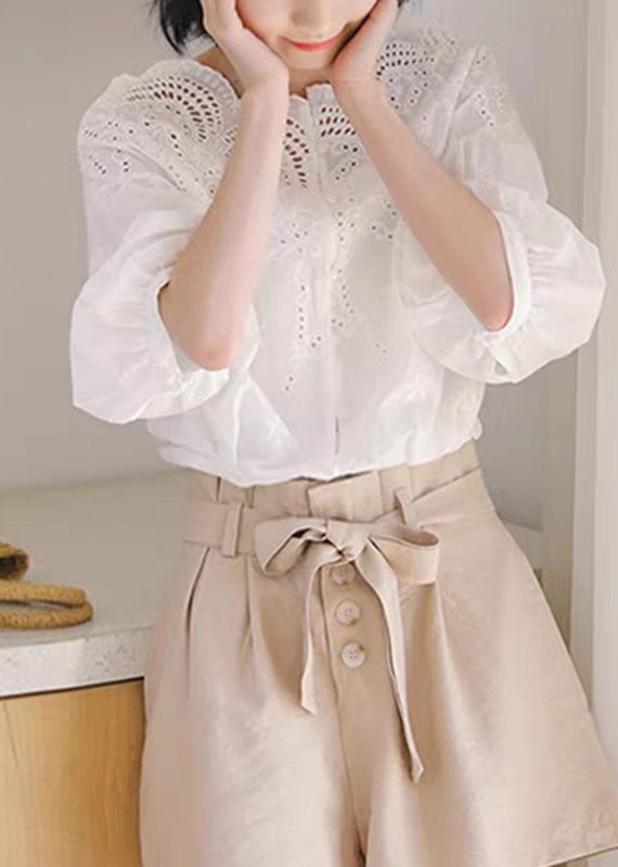 Unique White Hollow Out Shirts Puff Sleeve Summer