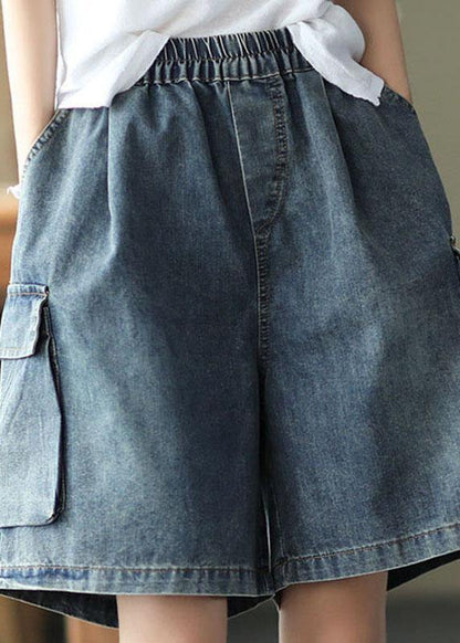Loose Blue Elastic Waist Wide Leg Summer Denim Hot Pants