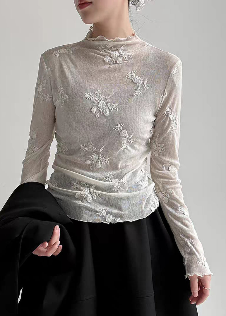 Light Grey Embroidered Tulle T Shirt Spring