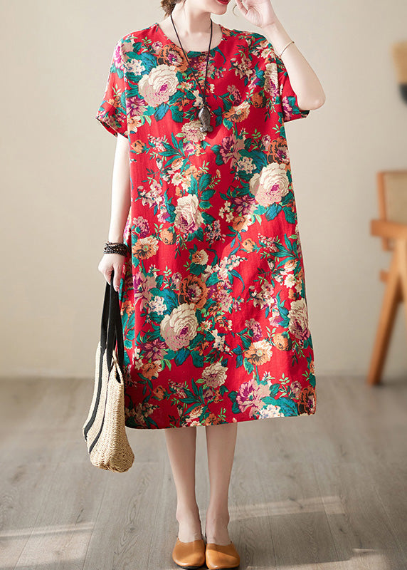 Handmade Navy Blue O-neck Print Cotton Long Dress Short Sleeve