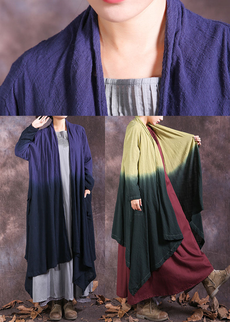 Blue Asymmetrical Gradient Color Cotton Spring Wrap Coat