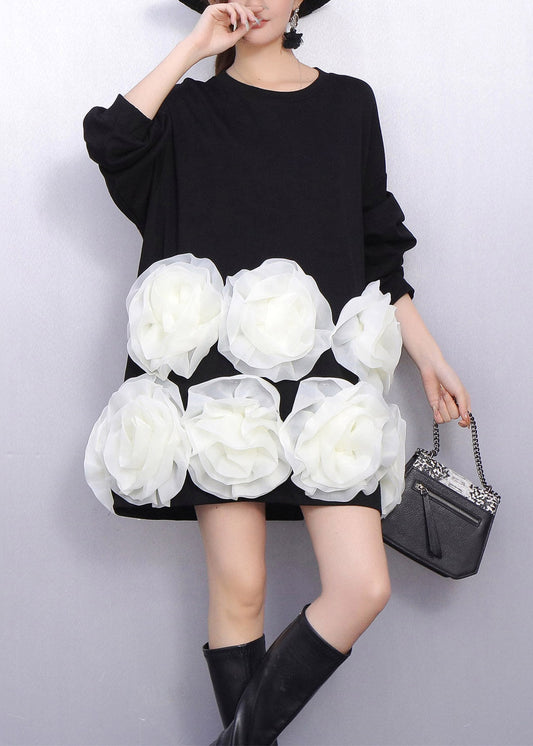 Black Decorated Cotton Mid Dresses Oversized Spring
