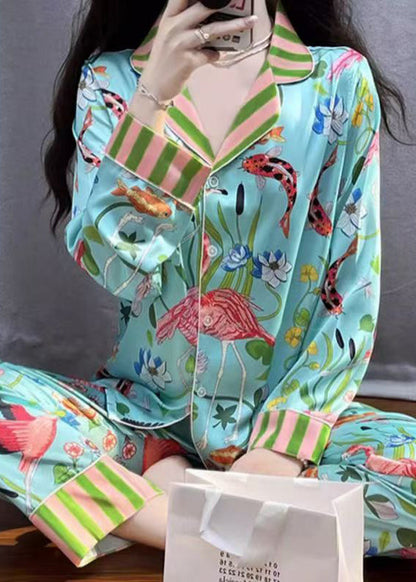 Blue Striped Print Button Ice Silk Pajamas Two Pieces Set Spring