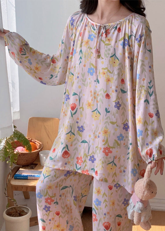 Apricot O-neck Print Silk Velvet Top and Pants Two Pieces Set Long Sleeve